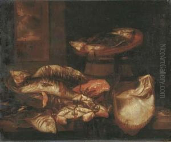 A Ray, A Salmon Steak, Crabs And
 Other Fish In A Basket On A Wooden Ledge Before A Window Oil Painting by Abraham Hendrickz Van Beyeren