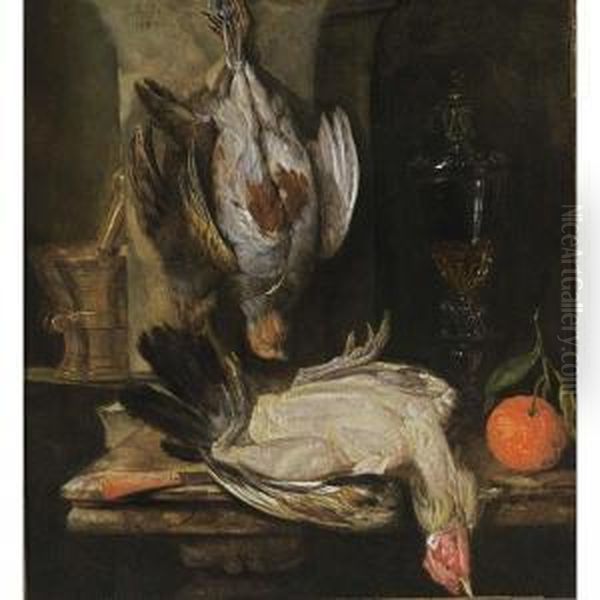A Still Life With A Partridge, A
 Turkey, A Bitter Orange, A Glass Goblet Together With A Mortar And A 
Knife With An Agaath Handle, All On A Marble Ledge Oil Painting by Abraham Hendrickz Van Beyeren