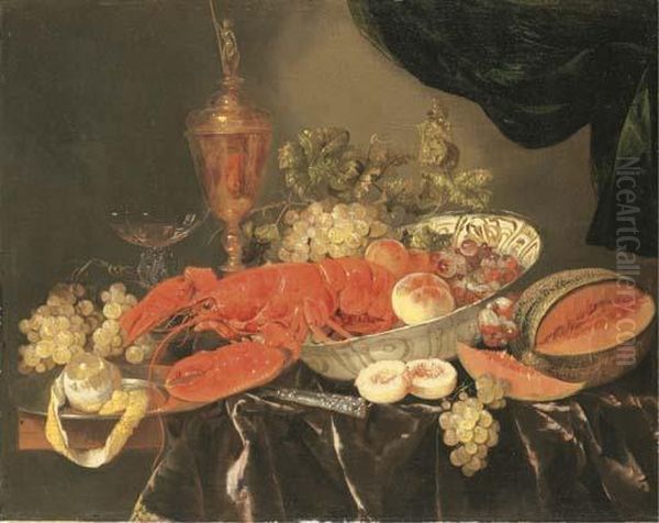 A Lobster With Grapes And A 
Peach In A Wan-li 'kraak' Porselein Bowl, A Silver-gilt Cup And Cover, A
 Facon-de-venise Wine Glass, A Melon, A Knife, And A Pewter Platter With
 A Partly Peeled Lemon On A Partly Draped Table Ledge With A Curtain Oil Painting by Abraham Hendrickz Van Beyeren