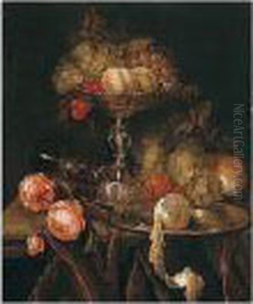 Still Life Of Fruit In A Silver 
Tazza Together With Grapes, Bread, Roses, A Wine Glass And A Peeled 
Lemon On A Pewter Dish, All Arranged On A Ledge Draped With A Brown 
Cloth Oil Painting by Abraham Hendrickz Van Beyeren