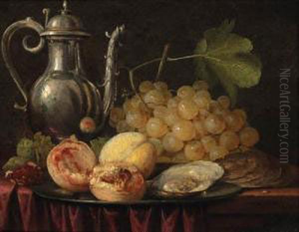 A Silver Ewer, A Bunch Of Grapes
 With Peaches And Oysters On Apewter Plate, On A Partially Draped Table Oil Painting by Abraham Hendrickz Van Beyeren