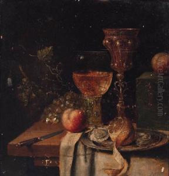 A Roemer, A Silver-gilt Cup, 
Oysters And A Peeled Lemon On A Pewterplate, A Knife, A Casket With 
Apples And Grapes On A Partiallydraped Table Oil Painting by Abraham Hendrickz Van Beyeren