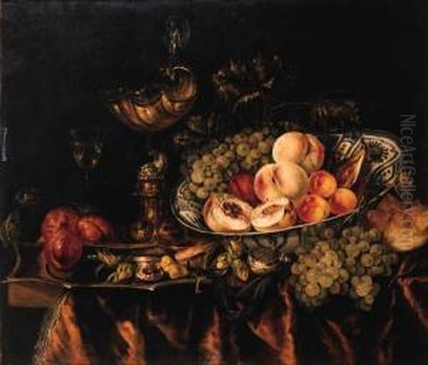 Peaches, Grapes, Apricots, A Fig
 And A Plum In A Wan-li - Dish, Abun, Grapes, A Fob-watch, A Shrimp, 
Hazelnuts, Plums And Sweetmeaton A Puntschotel, A Nautilus Shell On A 
Silver Gilt Stand And Afaon-de-venise Wineglass On A Draped Table Oil Painting by Abraham Hendrickz Van Beyeren