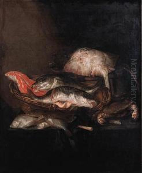 A Ray On A Barrel, A 
Salmon-steak, A Pike-perch And A Coalfish In Abasket With Flounders, A 
Knife And A Crab On A Draped Table Oil Painting by Abraham Hendrickz Van Beyeren