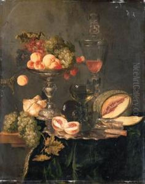 Nectarines, Peaches, Grapes And 
Raspberries On A Silver Tazza, Tworoemers And A Sliced Peach With A 
Knife On A Silver Plate, A Melon,a Bread Roll And A Wine Glass On A 
Table Draped With A Green Velvetcloth Oil Painting by Abraham Hendrickz Van Beyeren