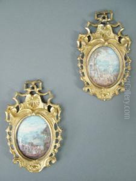 Carriages With Elegant Figures 
Arriving At A Country Estate In A Classical Setting And Carriages 
Arriving At A Country Dwelling Set In A Classical Landscape With 
Musicians And Elegant Dancing Figures; A Pair In Miniature Oil Painting by Henri Joseph Van Blarenberghe