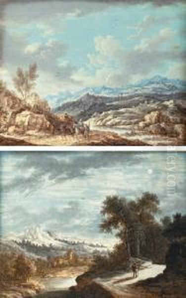Travelers On Horseback And 
Shepherds In A Mountainous River Landscape; And A Traveler On A Path In A
 Moonlit River Landscape Oil Painting by Henri Joseph Van Blarenberghe