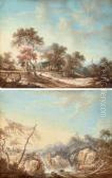 Travelers With A Dog In A Wooded
 Landscape, A Church Steeple Beyond; And A Wooded Landscape With A 
Cascade Oil Painting by Henri Joseph Van Blarenberghe