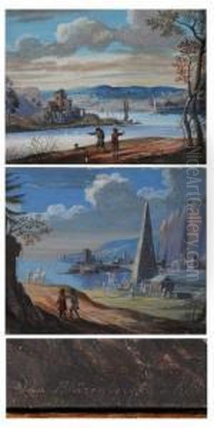 Voyageurs Dans Un Paysage 
Fluvial; Paysage Cotier A La Pyramide Avec Des Personnages Orientaux Oil Painting by Louis Nicolael van Blarenberghe