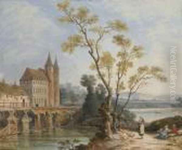 Des Habitations Au Bord Du 
Rivage De L'autre Cote D'un Pont, Des Femmes Avec Leur Enfants Au 
Premier Plan Oil Painting by Louis Nicolael van Blarenberghe