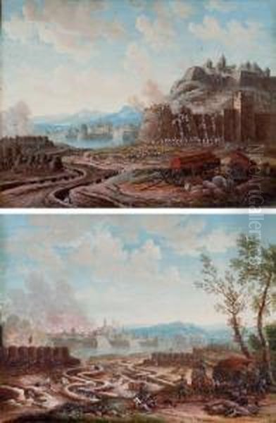 La Prise D'une Citadelle; Et 
Soldats Au Repos Devant Les Tranchees, Une Ville En Feu I 
L'arriere-plan Oil Painting by Louis Nicolael van Blarenberghe