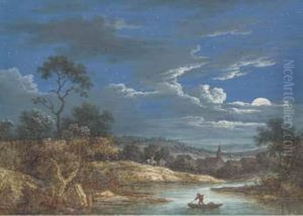 Un Paysage Nocturne Avec Un 
Homme Dans Une Barque Sur Une Riviere Au Premier Plan, Des Voyageurs Se 
Dirigeant Vers Un Village Dans Le Fond Oil Painting by Louis Nicolael van Blarenberghe