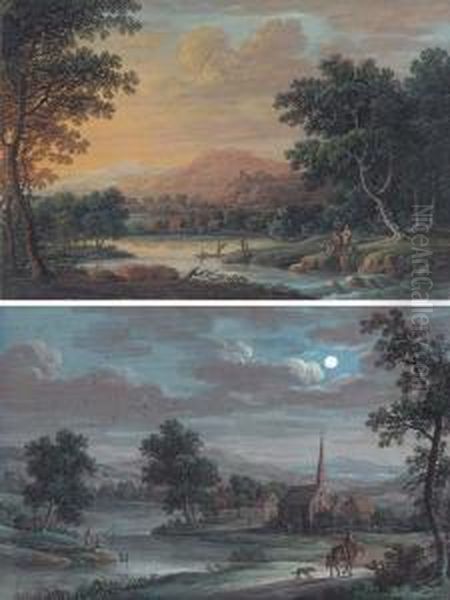 A River Landscape At Sunset With
 Anglers On The Riverbank; And Ariver Landscape By Night With A 
Traveller On A Track, Anglers And Achurch Beyond Oil Painting by Louis Nicolael van Blarenberghe