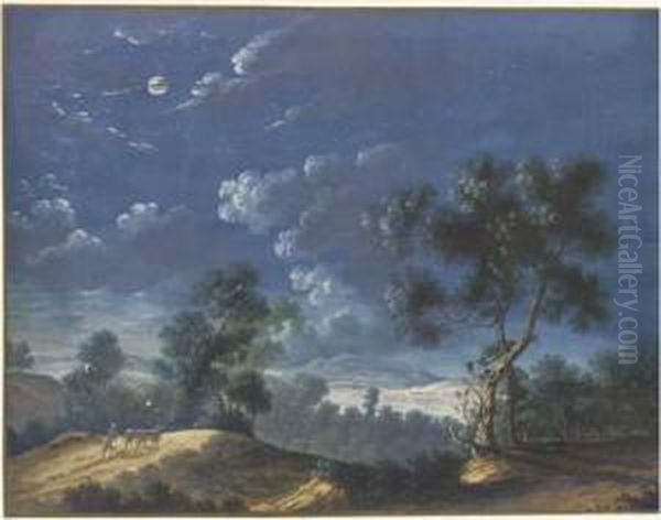 A Moonlit Landscape With A 
Figure Leading Two Cattle, A Lake In Thedistance; And A Moonlit River 
Landscape With A Town In Thedistance Oil Painting by Louis Nicolael van Blarenberghe