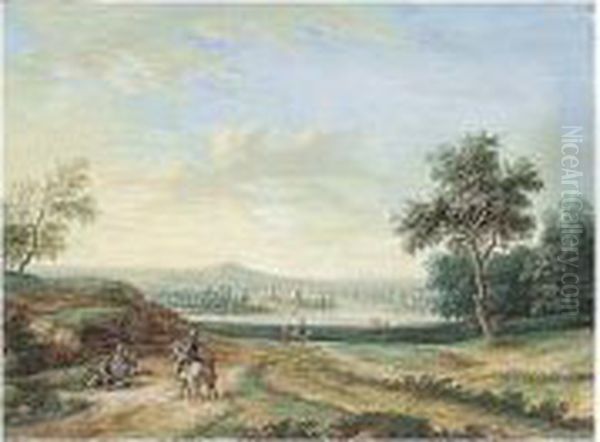 A Panoramic Landscape, With A 
Town On A River In The Middle Distance And Peasants In The Foreground Oil Painting by Louis Nicolael van Blarenberghe