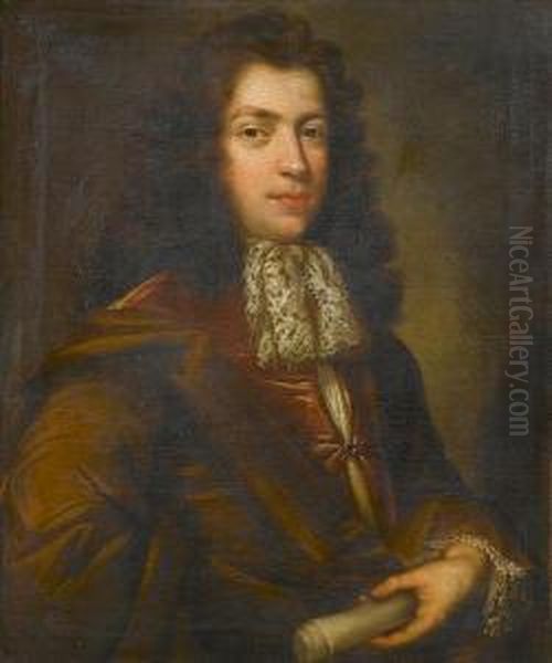 Portrait Of A Gentleman, 
Half-length, In A Claret Coat With A Brown Wrap And A Lace Jabot, 
Holding A Scroll Oil Painting by Richard Van Bleek