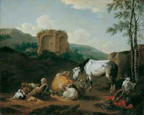 Bloemen, Norbert Van (1670 
Antwerpen - 1746 Amsterdam), Zugeschrieben Sudliche Landschaft Mit 
Rastenden Hirten Vor Ruine. Ol Auf Leinwand. H 68; B 83 Cm. Oil Painting by Norbert van Bloemen