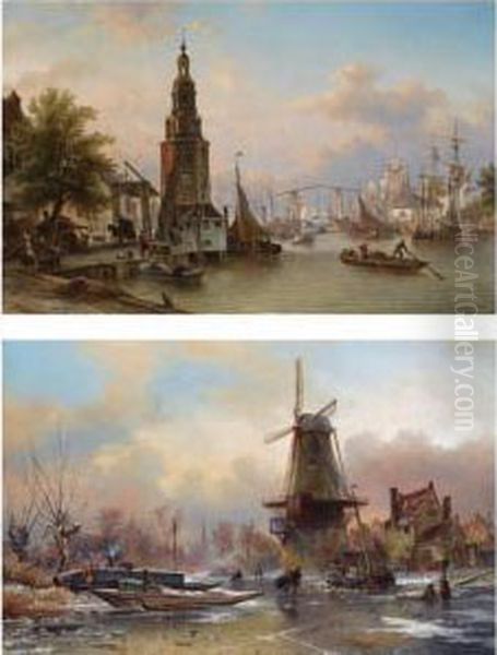 A View Of The Oude Schans With 
The Montelbaanstoren, Amsterdam; Awindmill In A Winter Landscape At Dawn Oil Painting by Elias Pieter van Bommel