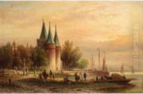 A Busy Quay, Kampen Oil Painting by Elias Pieter van Bommel