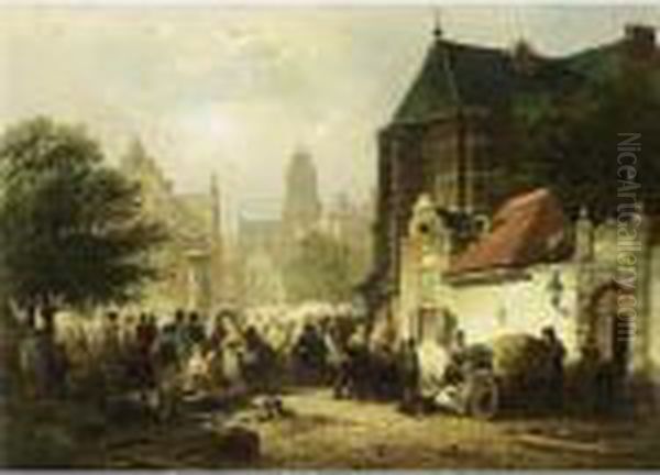 A Busy Market Day On 'het 
Kerkplein' In Zaltbommel With The Sint Maartens Church In The Background Oil Painting by Elias Pieter van Bommel