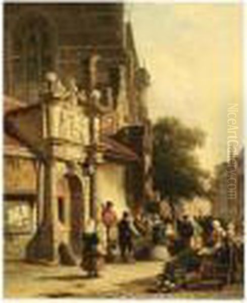 A Vegetable Market In A Dutch Town Oil Painting by Elias Pieter van Bommel