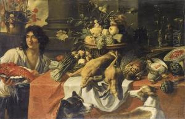 Natura Morta Di Frutta, Ortaggi E
 Selvaggina Su Un Tavolo, Configura Di Ragazzo Recante Una Aragosta Su 
Un Piatto Oil Painting by Pieter Van Boucle