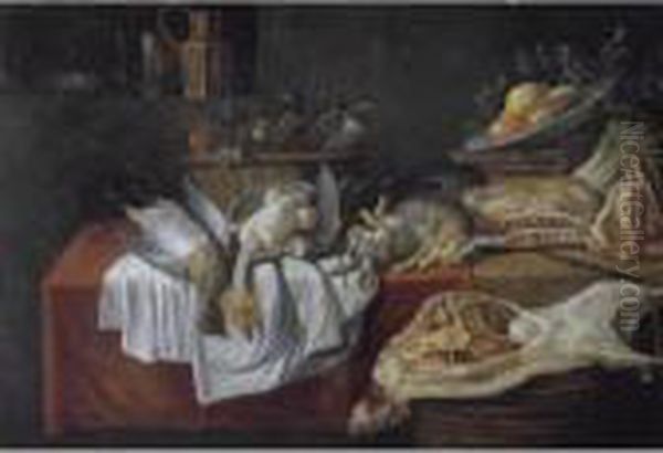 A Still Life With Numerous Birds
 In A Basket, Together With Rabbits, A Bowl Of Fruit, Asparagus, And Two
 Parrots On A Table Draped With Red And White Clothes, Together With A 
Side Of Lamb On A Basket Oil Painting by Pieter Van Boucle
