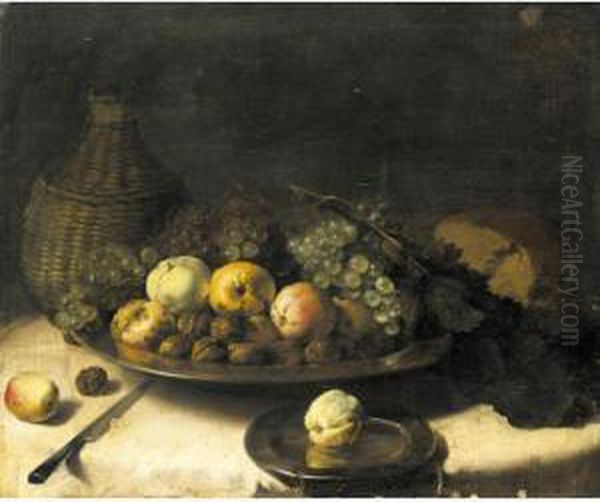 A Still Life With Fruit And 
Walnuts In A Silver Bowl, A Cask Of Wine, A Knife And Other Objects Laid
 Out On A Draped Table Oil Painting by Pieter Van Boucle