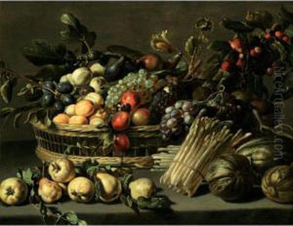A Still Life With Apricots, 
Plums, Figs, Peaches And Grapes In A Basket On A Stone Ledge, Together 
With Pears, Squash And Asparagus Oil Painting by Pieter Van Boucle