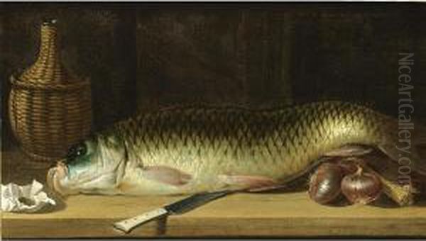 A Still Life With A Carp, Red 
Onions, A Knife, A Wicker-bottle And A Paper Pouch With Tobacco, All On A
 Wooden Ledge Oil Painting by Pieter Van Boucle