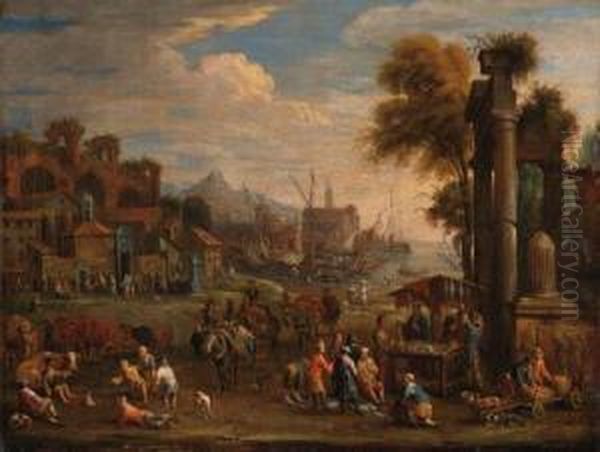 Peasants By A Mediterranean 
Harbour With Classical Ruins; Andshepherds, Peasants And Merchants With 
Classical Ruins Oil Painting by Peeter van Bredael