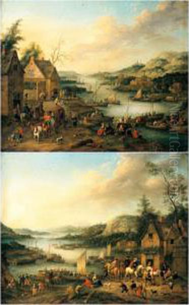A River Landscape With Boats And
 A Coach Party Departing; A River Landscape With Boats And Riders Halted
 At An Inn Oil Painting by Jan Frans I Van Bredael