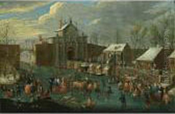 A Winter Scene With Elegant 
Figures Skating And A Horse-drawn Sleigh On A Frozen Canal Outside A 
City Gate Oil Painting by Jan Pieter Van Bredael I