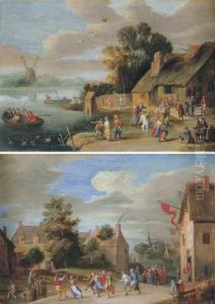 A River Landscape With Peasants 
Merrymaking Beside A Cottage; And Avillage Landscape With Peasants 
Merrymaking Outside An Inn Oil Painting by Jan Pieter Van Bredael I