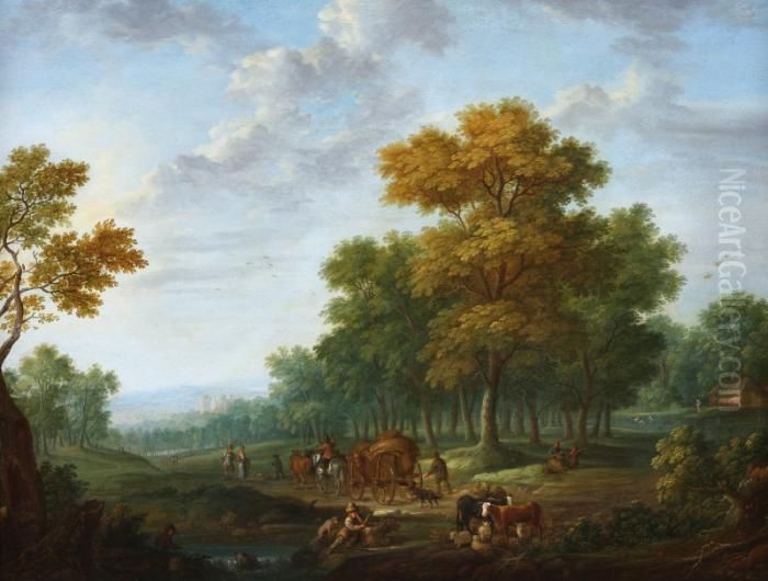 Landscape Withtravellers By Foot
 And Horse-drawn Cart. In The Front A Shepardwith His Sheep, A Castle At
 The Horizon Oil Painting by Joseph van Bredael