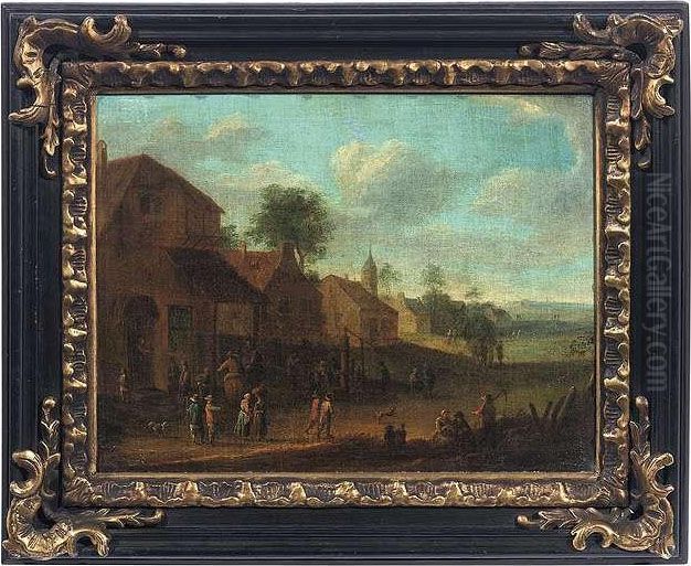 A Flemishvillage With Various Figures. Oil/canvas/canvas Oil Painting by Joseph van Bredael