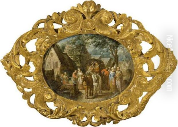 A Village Scene With Travellers 
In A Horse-drawn Wagon, Together With An Elegant Couple And A Servant 
Pouring Tea Oil Painting by Joseph van Bredael