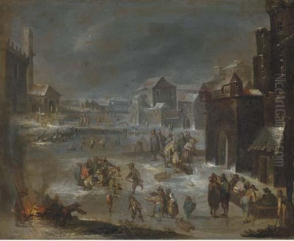 A Village With Peasants Playing 
Skittles And Drinking; And A Winterlandscape With Skaters Oil Painting by Joseph van Bredael