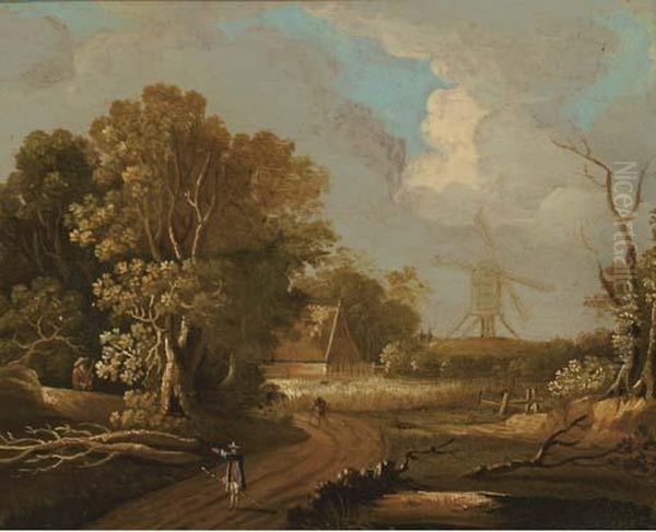 A Wooded Landscape With A 
Shepherd In The Foreground; And A Woodedlandscape With Travellers On A 
Track, A Windmill Beyond Oil Painting by Joseph van Bredael