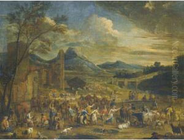 An Extensive And Mountainous 
River Landscape With Numerous Figuresmerrymaking In The Foreground 
Before Ancient Ruins Oil Painting by Pieter Van Bredael