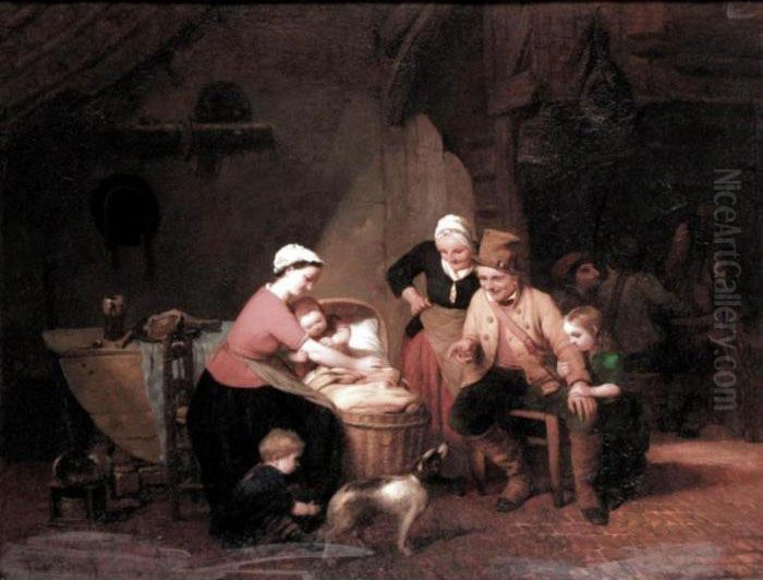 Gathering Around The Cot Oil Painting by Philippe Jacques Van Bree