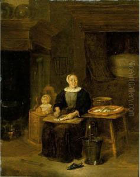 An Interior With A Woman Scaling
 Fish Together With A Child In A High Chair Near A Fireplace, A Bed In 
The Background Oil Painting by Quiringh Gerritsz. van Brekelenkam