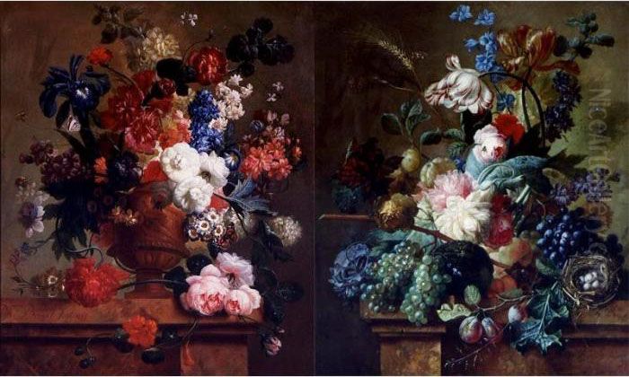 Still Lifes Of Flowers And Fruits On A Marble Ledge: A Pair Of Paintings Oil Painting by Paul-Theodor Van Brussel