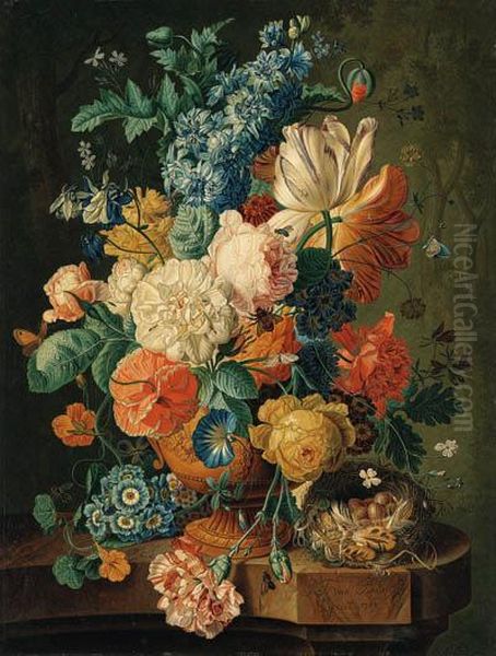 Tulips, Hollyhocks, Poppies, 
Carnations And Other Flowers In Anurn, With A Tortoiseshell Butterfly, 
Corn, A Walnut, And Hazelnutson A Marble Ledge; And Grapes, Corn, 
Peaches, Plums, Raspberries,tulips, Roses, Morning Glory And Other 
Flowers, Butte Oil Painting by Paul-Theodor Van Brussel
