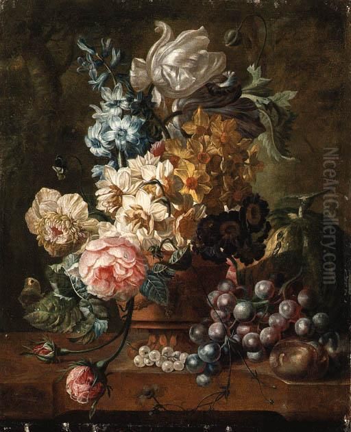 Roses, Tulips, A Hyacinth And 
Other Flowers In A Terracotta Vasewith A Melon, Grapes And Plums On A 
Marble Ledge Oil Painting by Paul-Theodor Van Brussel