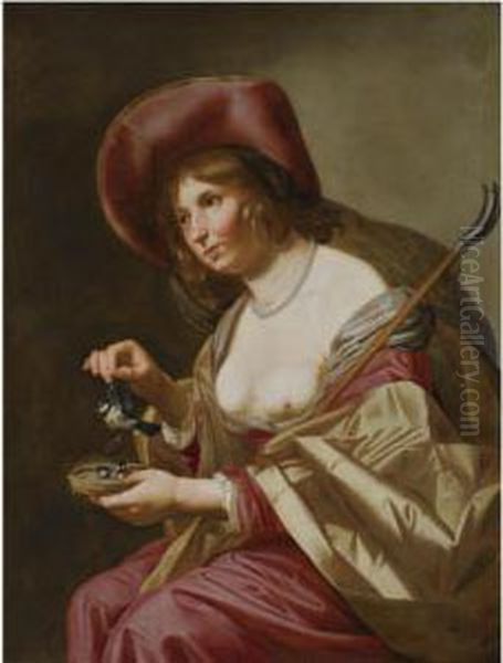 A Young Shepherdess, Seated 
Three-quarter Length, Wearing A Redand Yellow Dress And A Wide-brimmed 
Hat, Holding A Staff And Abird's Nest With Three Small Birds Oil Painting by Jan Van Bijlert