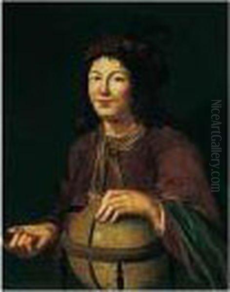 Portrait Of A Young Man, 
Probably Democritus, Three-quarter Length, Wearing Red With A Plumed 
Hat, Holding A Globe Oil Painting by Jan Van Bijlert
