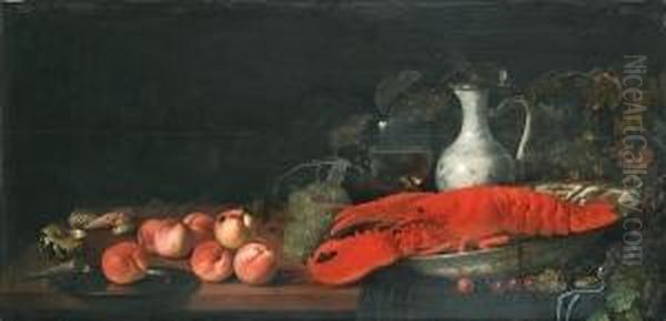 Shells And Peaches On A Draped 
Table With A Silver Charger, A Lobster In A Blue Wan-li Kraak Bowl 
Surrounded By Grapes, A Roemer And Wine Jug Behind Oil Painting by Abraham Van Calraet