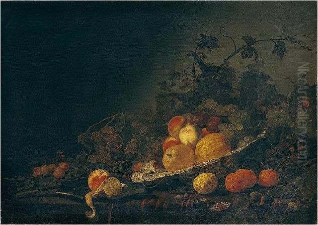 Still Life Of Quinces, Plums, 
Peaches And Grapes In A Silver Salver, Together With A Peach And A 
Peeled Lemon On A Silver Plate, A Knife, Grapes, Oranges, Lemons And 
Apricots On A Table Partly Draped With A Red Cloth Oil Painting by Abraham Van Calraet