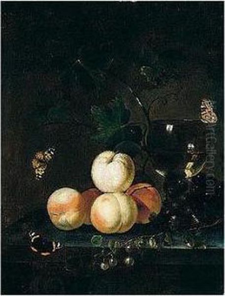 Still Life Of Peaches, Grapes, 
Vine Leaves And A Roemer, Arranged Upon A Stone Table Top, Together With
 Red Admiral Butterflies Oil Painting by Abraham Van Calraet
